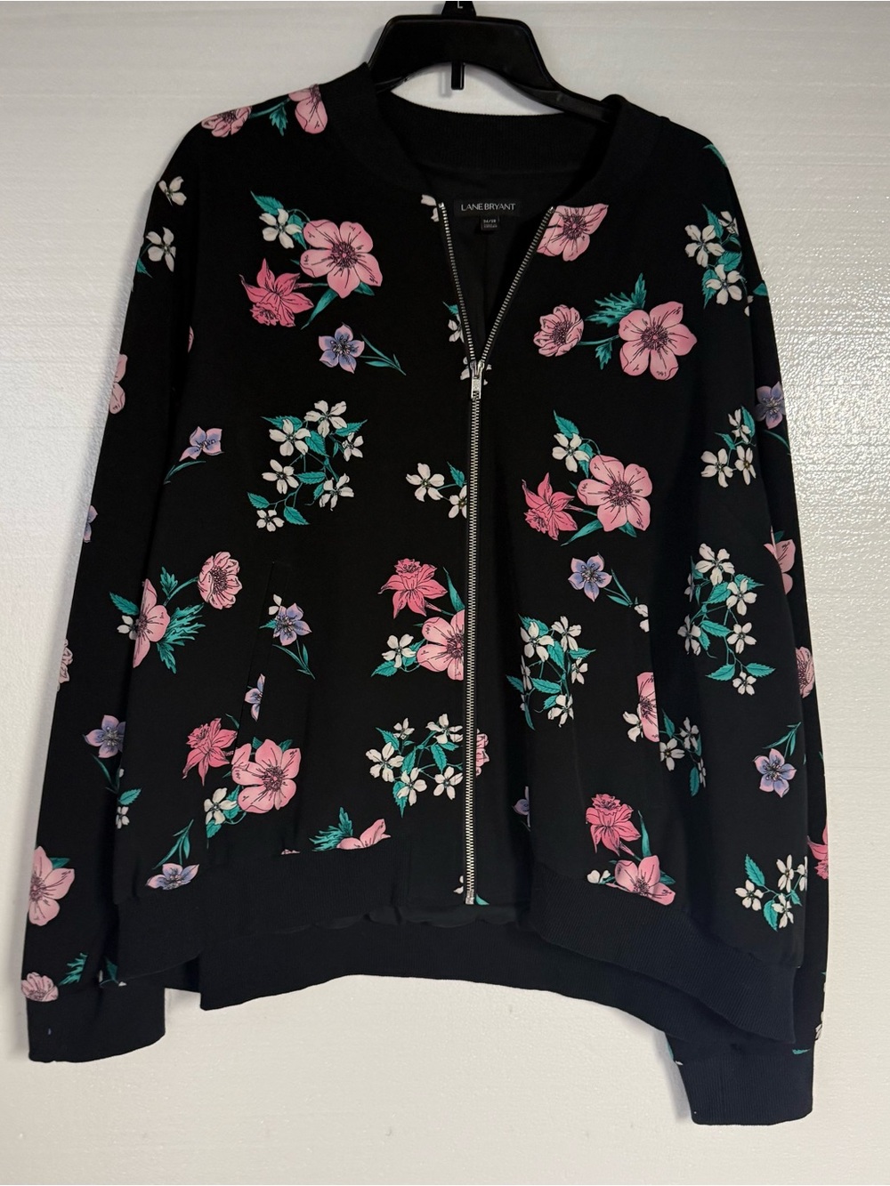 Lane Bryant Women Plus 26/28 Black Floral Zip Up Bomber Jacket Full Zip Stretch